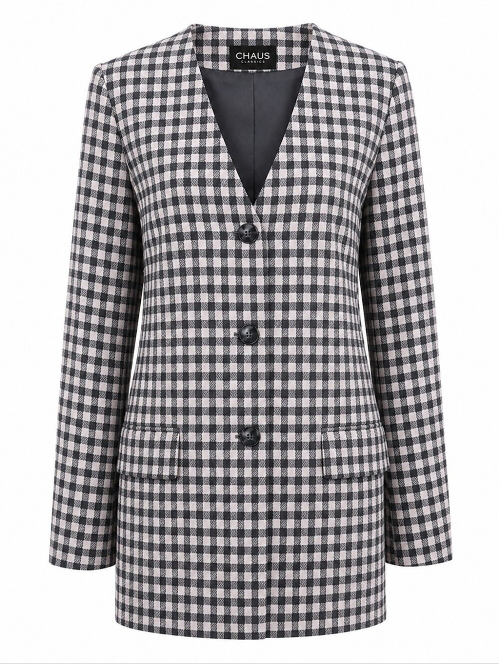 CHAUS | Classic Grey Pink Plaid Gingham‎ Check Wool Longline Lined Blazer | 14